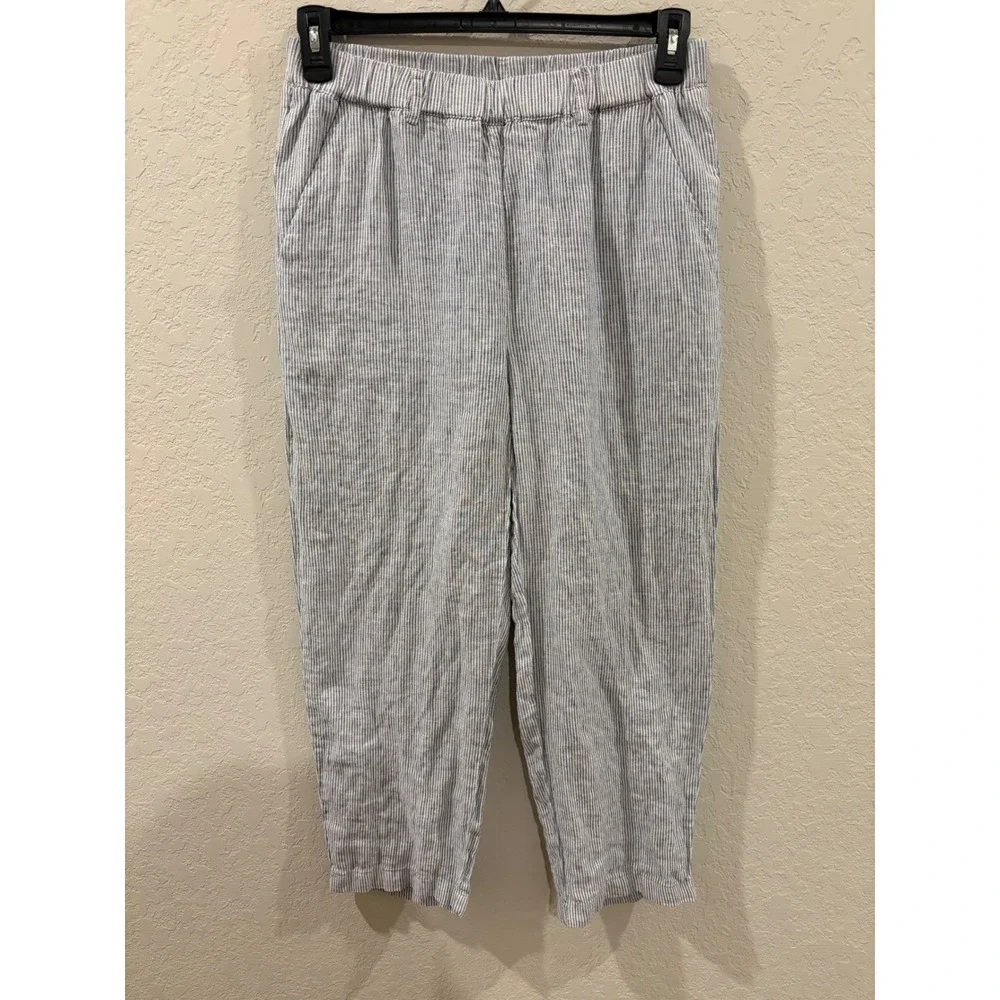 Quince 100% Linen Striped Pants Blue White Elastic Waist Cropped Trousers M